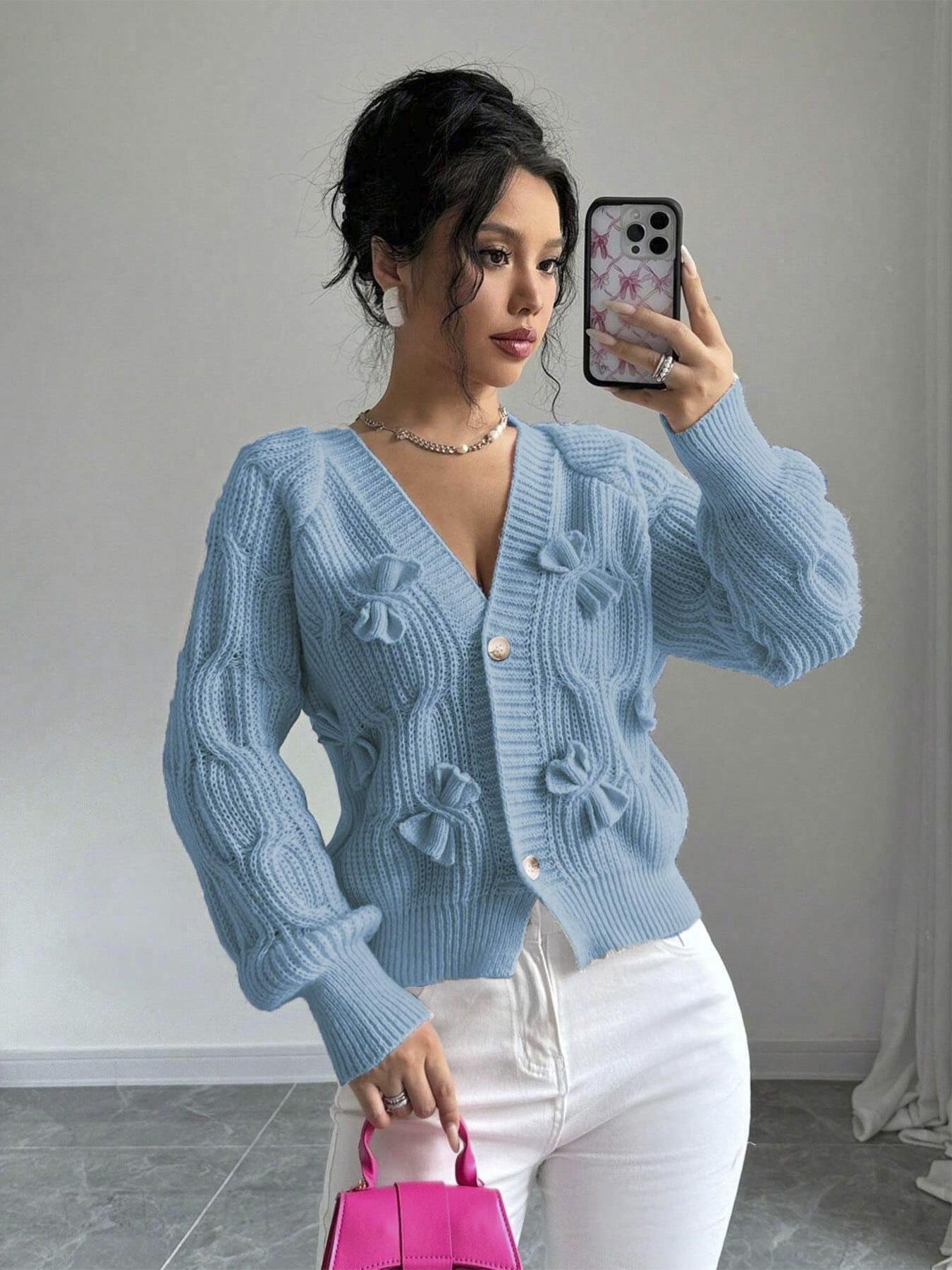 Women's Plain Bow Front Raglan Sleeve Sweater Cardigan, Casual Longsleeves Button Front Knitwear for Fall & Winter, Fashion Women's Knit Clothing for Daily Wear Valentine's Day, gift, Knitting