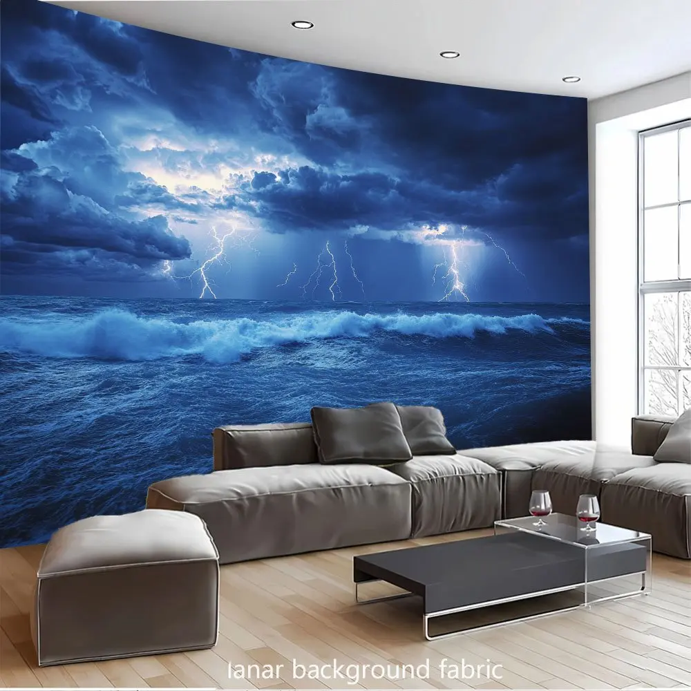 Foldable Polyester Electric Storm Tapestry - Dramatic Sky, Lightning, Wild Ocean Waves Design, Ideal for Parties & Events, Photography Backdrops, Home Decor, Printed