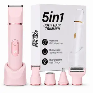 5-in-1 Bikini Trimmer for Women, IPX7 Waterproof Electric Shaver with Ceramic Blades & Digital Display, USB Rechargeable Cordless Grooming Kit for Body, Face & Sensitive Areas