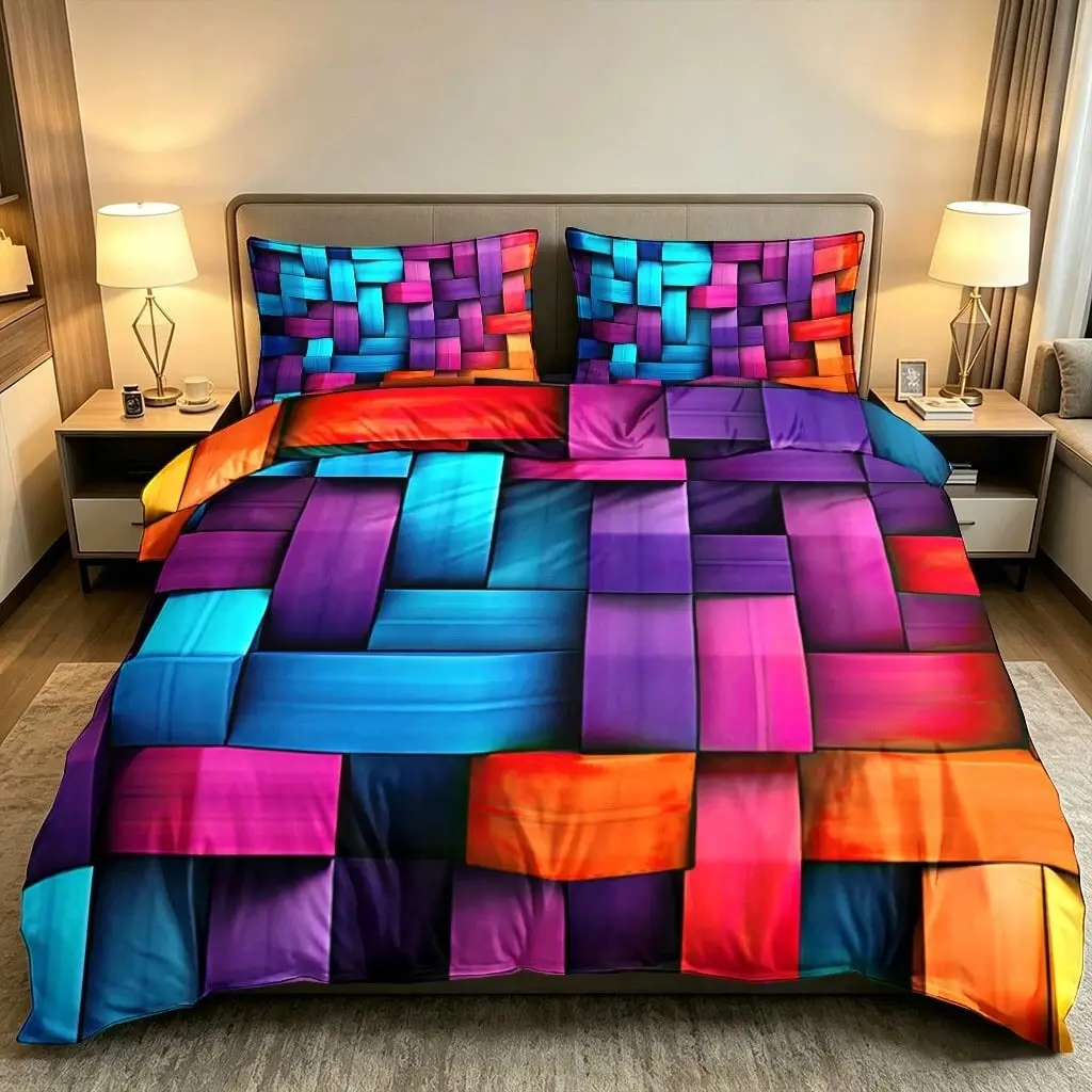 Colorful Plaid Print Checkered Bedding Set, 1 Duvet Cover + 2 Pillowcases, High-Definition Printing, Home & Dormitory Bed Linen, No Padding