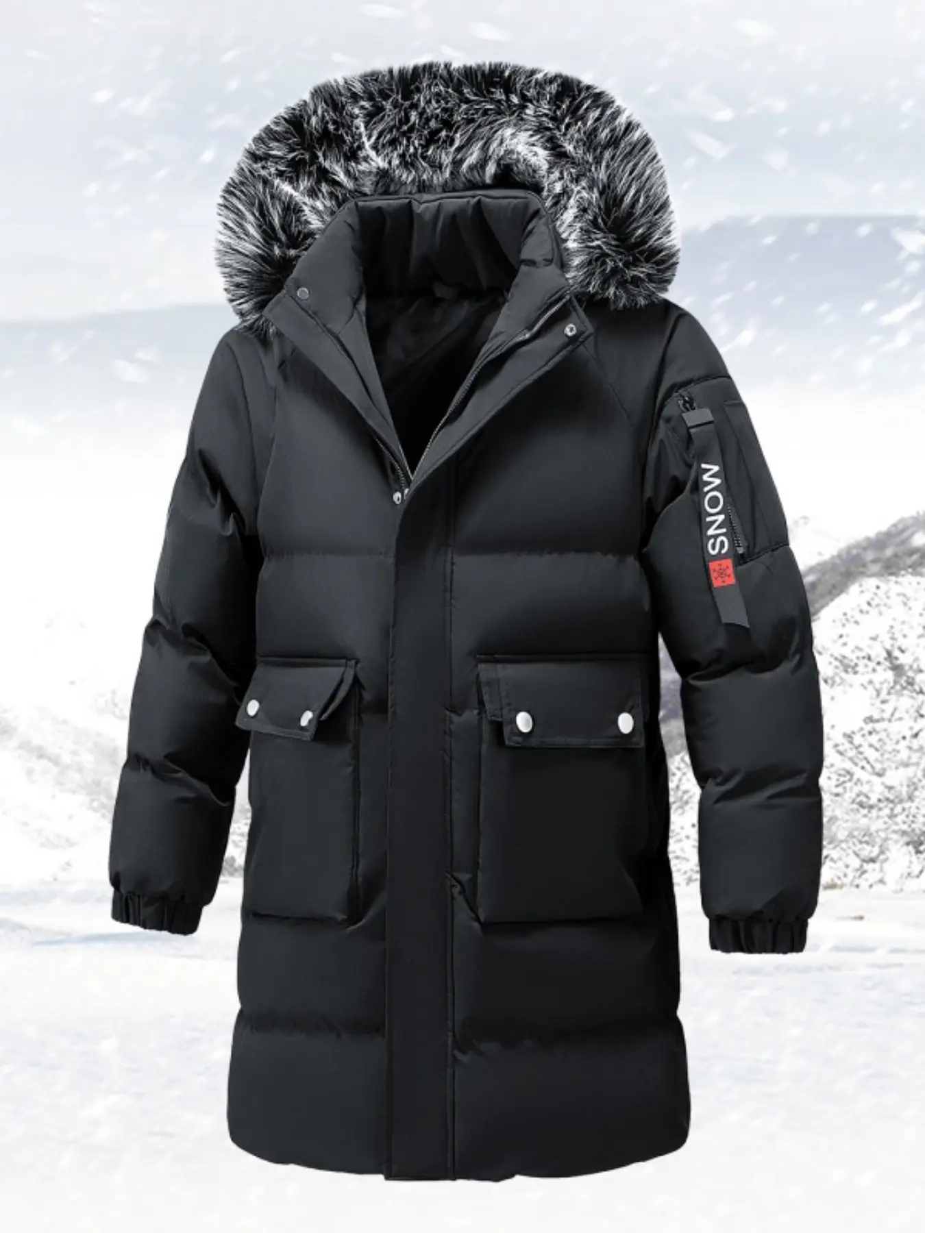Men's Plus Size Mid-Length Hooded Fur Collar Thick Warm Cotton Jacket, Long Sleeve, Windproof Heat Retention Outdoor Hiking Camping Commute Winter Coat, Loose Fit Multiple Colors Available, Sizes Eu 5xl