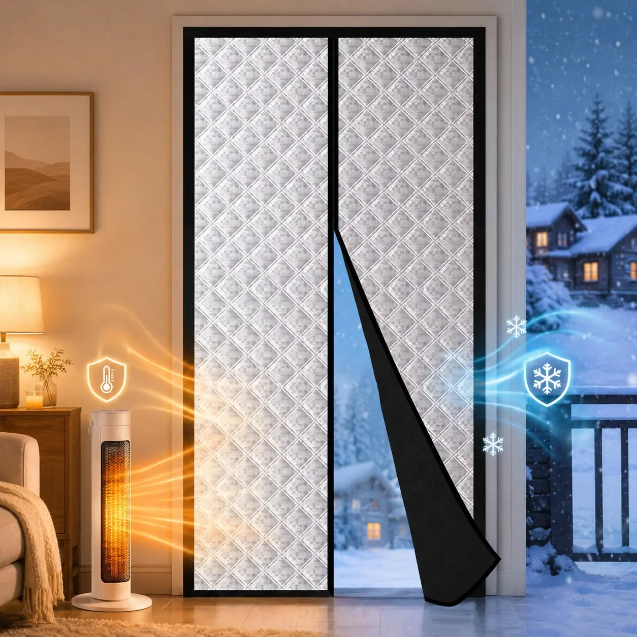 Thick Winter Thermal Door Curtain, Silver Quilted Insulated Door Cover, No-Drill Self-Adhesive Hook-and-Loop Install, Windproof Cold Draft Blocking, Light Blocking & Sound Reducing Door Curtain for Bedroom Living Room Kitchen