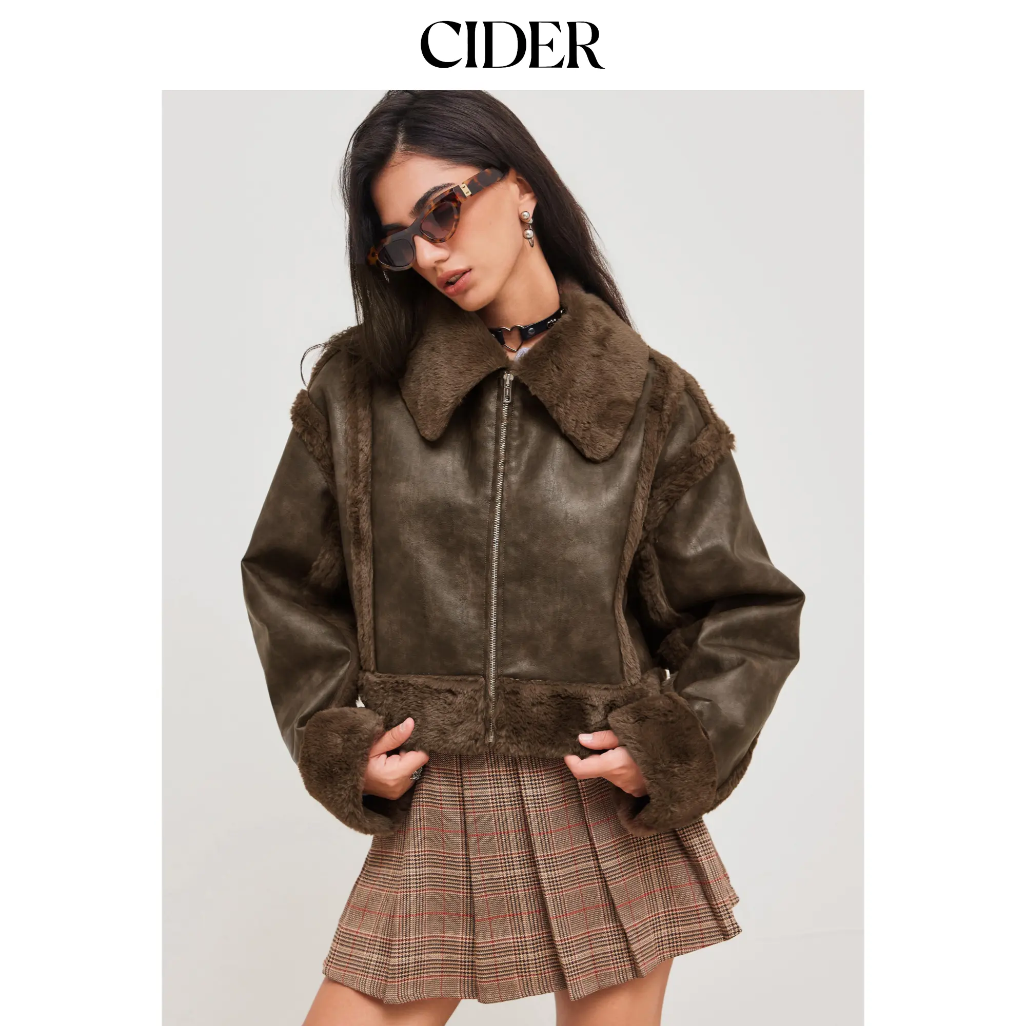 Cider [size 2-10] Faux Shearling Collar Solid Zipper Jacket