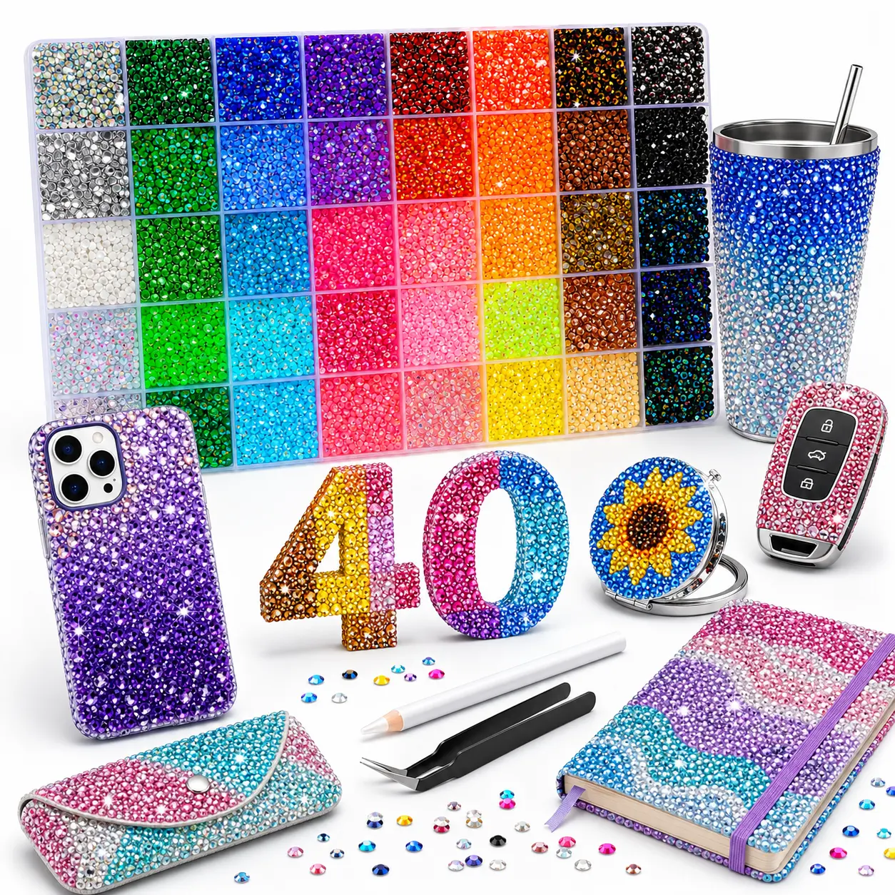40-Color DIY Diamond Bedazzling Glitter Kit with 3mm Mixed Resin  & All-Inclusive Tools – Craft Kit for Teens & Adults, Perfect for DIY Crafts, Clothing, Phone Case & Nail Art, Great Creative Gift for Girls, Friends & Craft Lovers flatback bead