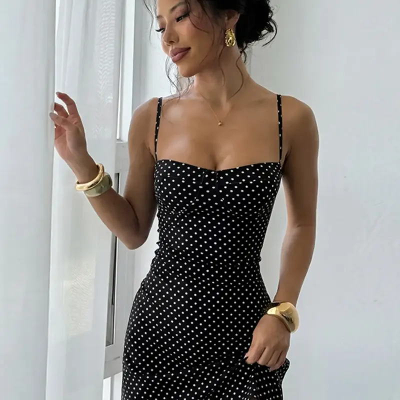 Sexy Stylish Comfortable Polka Dot Backless Spaghetti Strap Dress, Women's Fashion Casual Chic Trendy Dress Sleeveless Fitted Wear for All Seasons, Womenswear