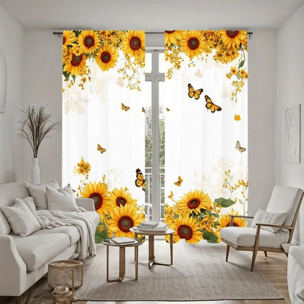 2-piece set of sunflower butterfly printed curtains, bright floral semi blackout window drapes made of polyester fabric, suitable for home living room, bedroom, balcony, kitchen, study, window decoration
