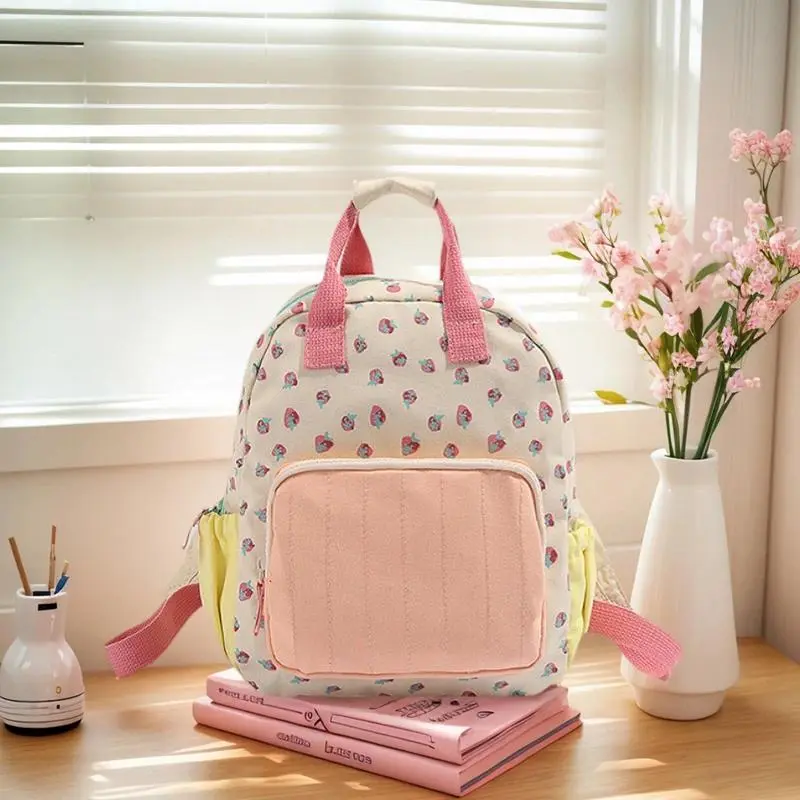 Dopamine Strawberry Print Student Backpack Large Capacity Cute Kids School Bag for Girls Sweet Kindergarten Bookbag for Children