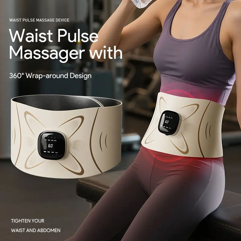 3-in-1 EMS Pulse Waist Support Massager with 7 Modes and 20 Levels of Deep Tissue Muscle Vibration, Abdominal Fat-Burning Support Belt with Microcurrent Heat Therapy and Hot Compression Function to Exercise and Promote Sweating