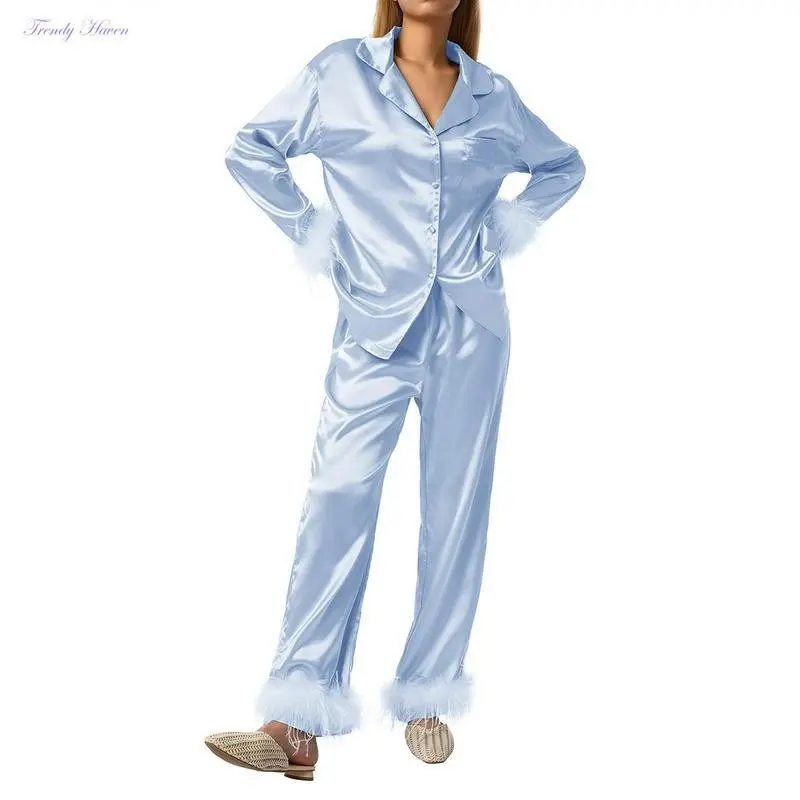 Women's sleepwear, feather decorated long sleeved button down lapel top+pants, sleepwear set, home wear, women's clothing