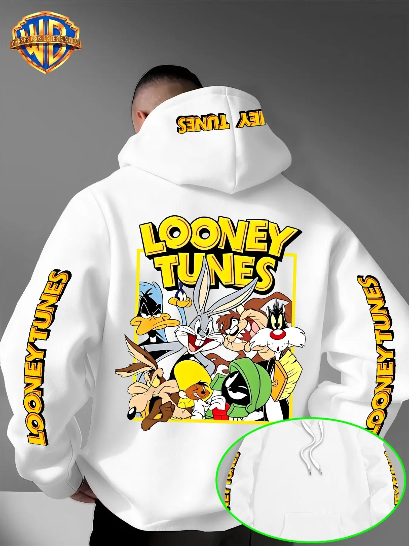 Warner Bros Men's Looney Tunes Hoodie, Classic Cartoon Print, Casual Loose-Fit Sweatshirt, Retro Animation Style, All over Print