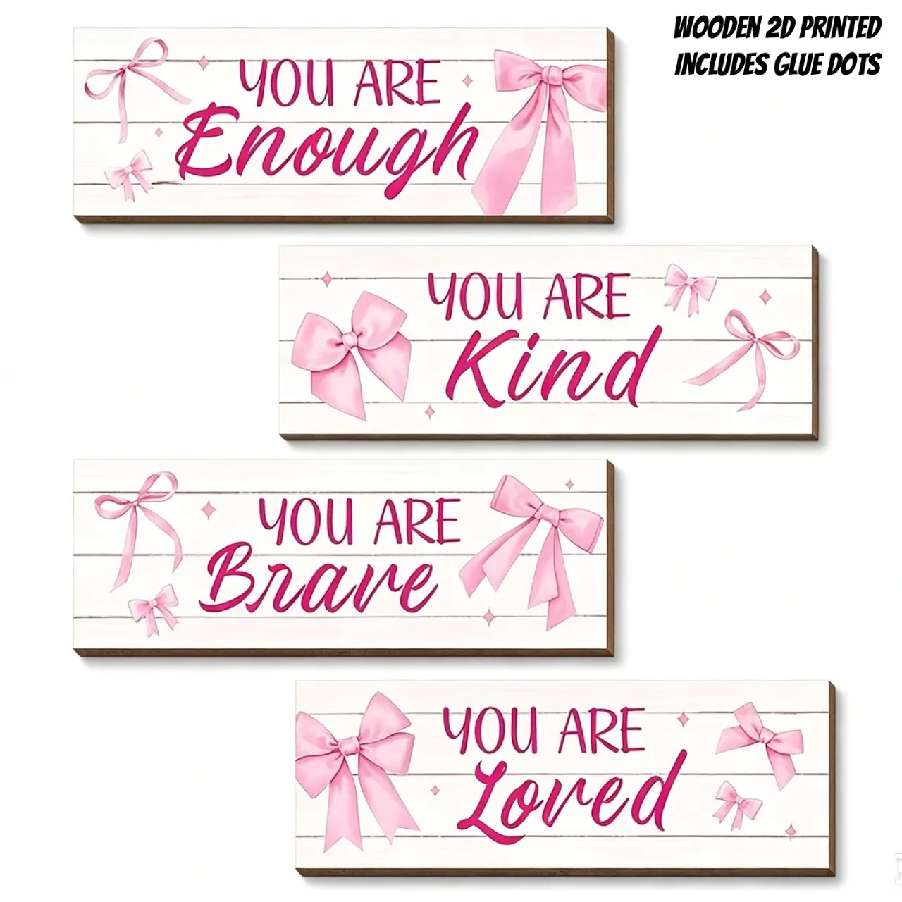 4pcs Pink Bow Artistic Wooden Wall Art - Aesthetic Wall Decor Rectangle Design Positive Encouraging Quote Decorative Artwork Plaques Decoration Items for Bedroom, Living Room, Office & Bathroom - Charming Country Cottage Home Decor