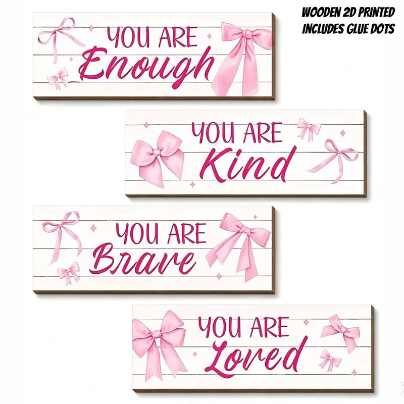 4pcs Pink Bow Artistic Wooden Wall Art - Aesthetic Wall Decor Rectangle Design Positive Encouraging Quote Decorative Artwork Plaques Decoration Items for Bedroom, Living Room, Office & Bathroom - Charming Country Cottage Home Decor