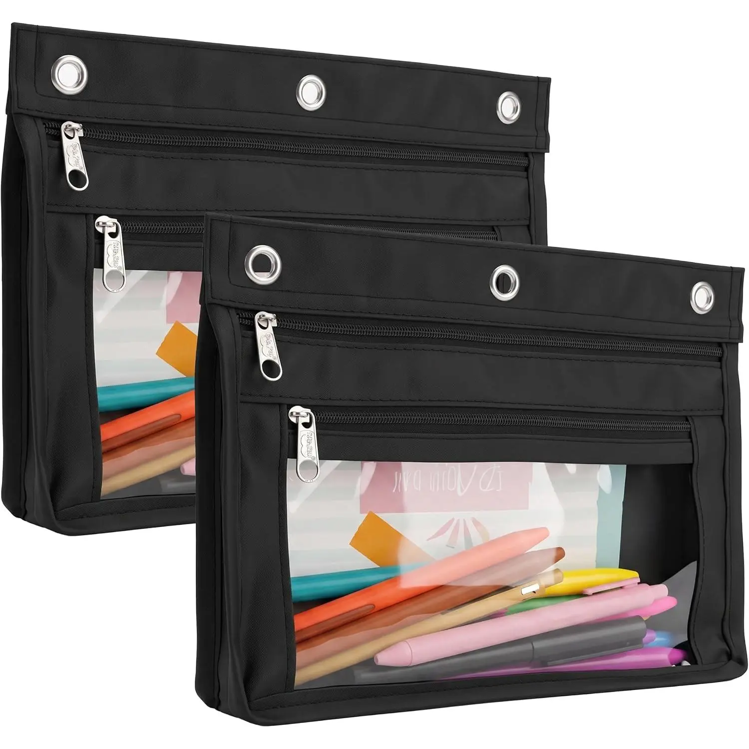 - Expandable Zipper cil Pouch for 3 Ring Binder, 2 Pack, Black | 1" Expansion, Large Capacity,  Binder Pouch with  Zippers & Clear Window for School & Office Supplies