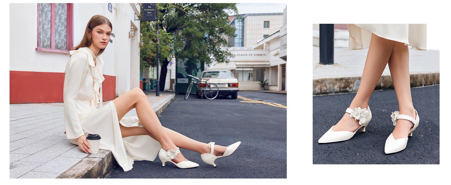 Coutgo Women's Low Kitten Heels Dressy Shoes Comfortable Closed Toe Flower Slip On Formal Party Dance Heeled Pumps Classy Fashion Decor Footwear