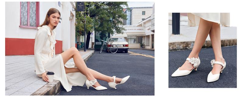 Coutgo Women's Low Kitten Heels Dressy Shoes Comfortable Closed Toe Flower Slip On Formal Party Dance Heeled Pumps Classy Fashion Decor Footwear