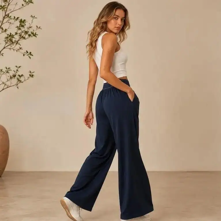 Womens High Waisted Wide Leg Lounge Pants with Pockets Lightweight Stretch Casual Yoga Workout Vacation Travel Pants Daily Outdoor Wear for Women