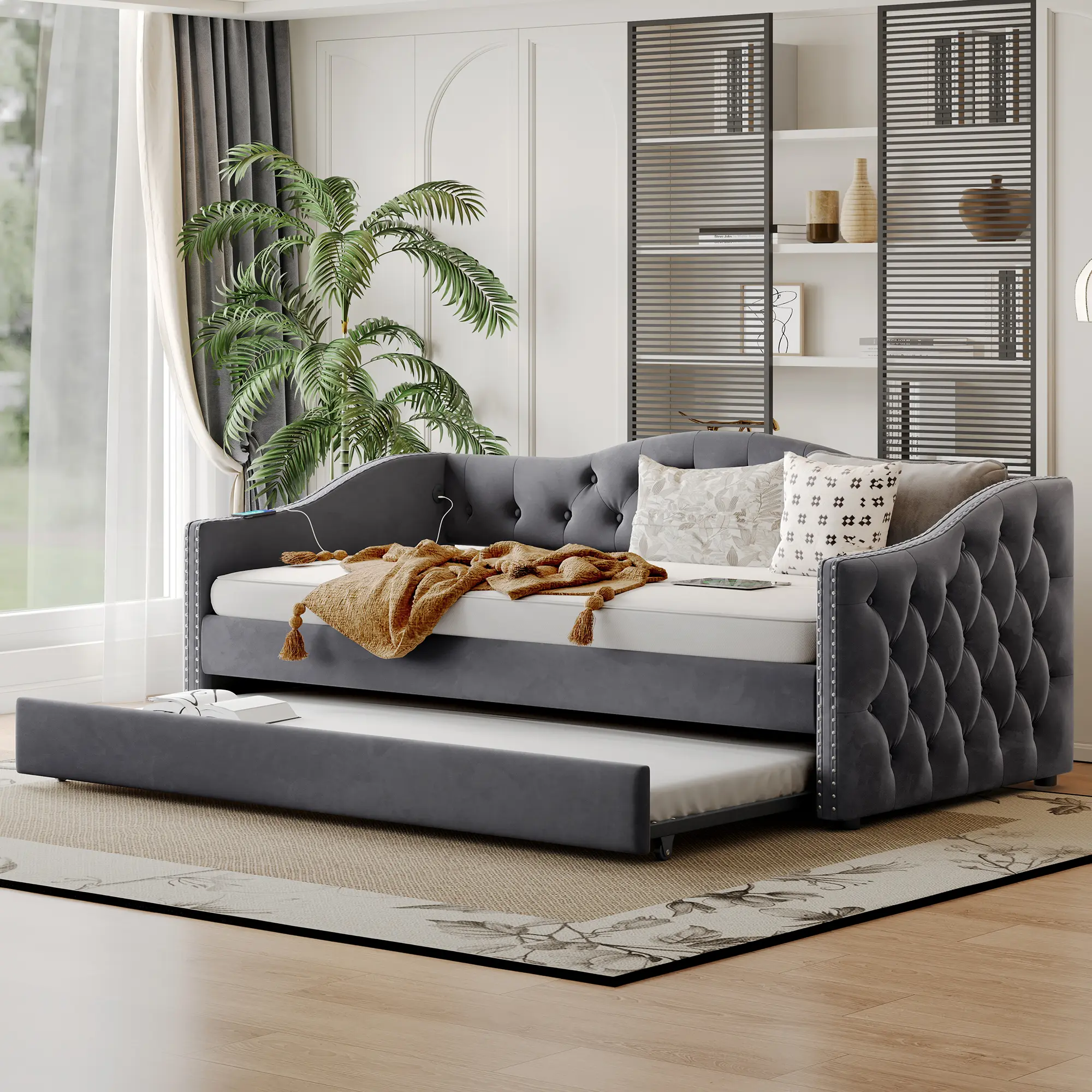 ARCH Twin Size Upholstered Daybed with Trundle and USB Charging, Sturdy Wood Slat Support, Wood Bed Frame for Bedroom Guestroom Dorm, Plush Velvet Fabric Gray, Daybed Frame with Trundle Bed, Space-Saving Design, Bedroom Furniture for Bedroom