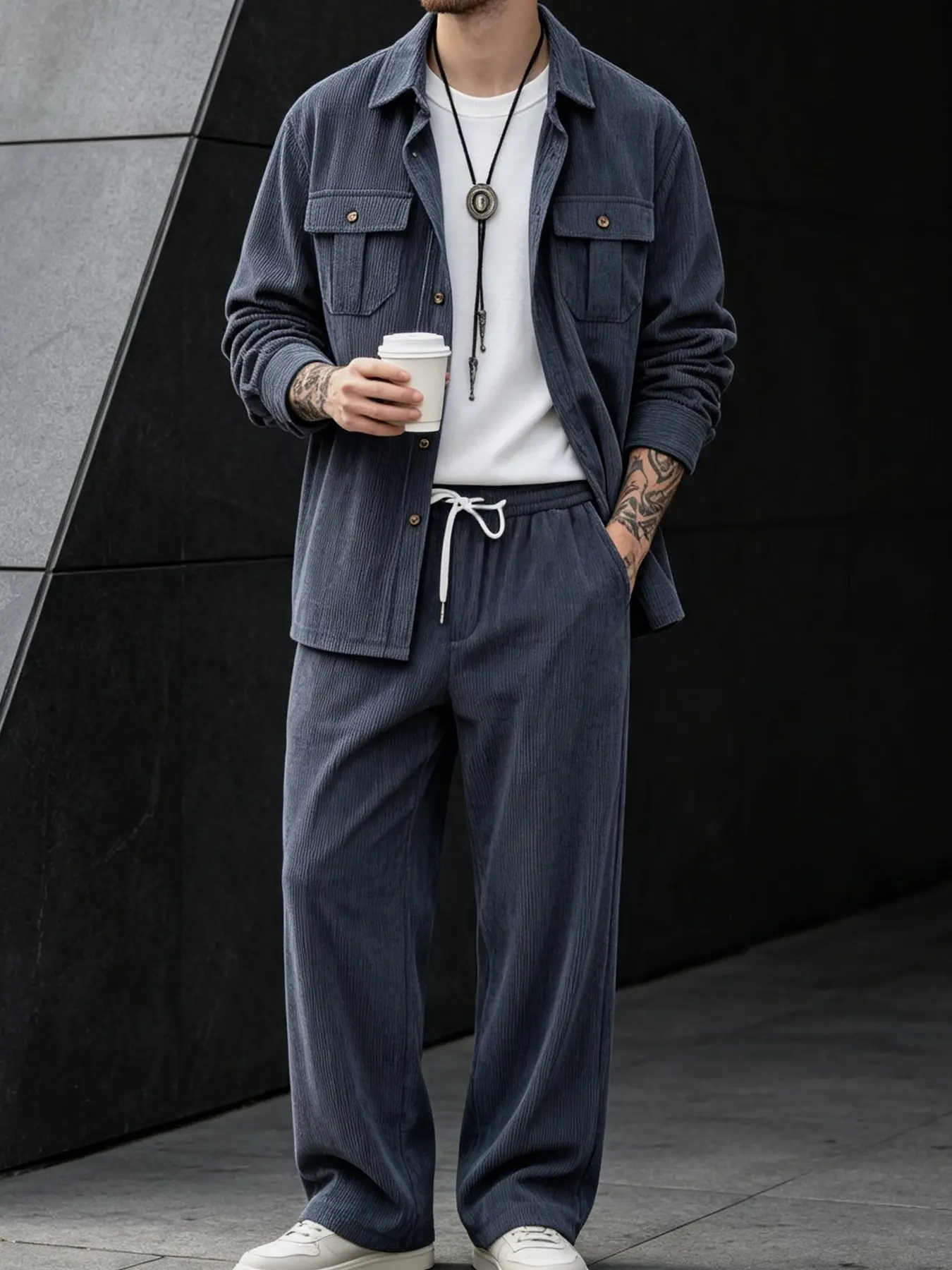 Men's Vintage Corduroy Two-piece Suit, Long Sleeve Pocket Shirt & Elastic Drawstring Straight Trousers, Home Daily Streetwear Outfit
