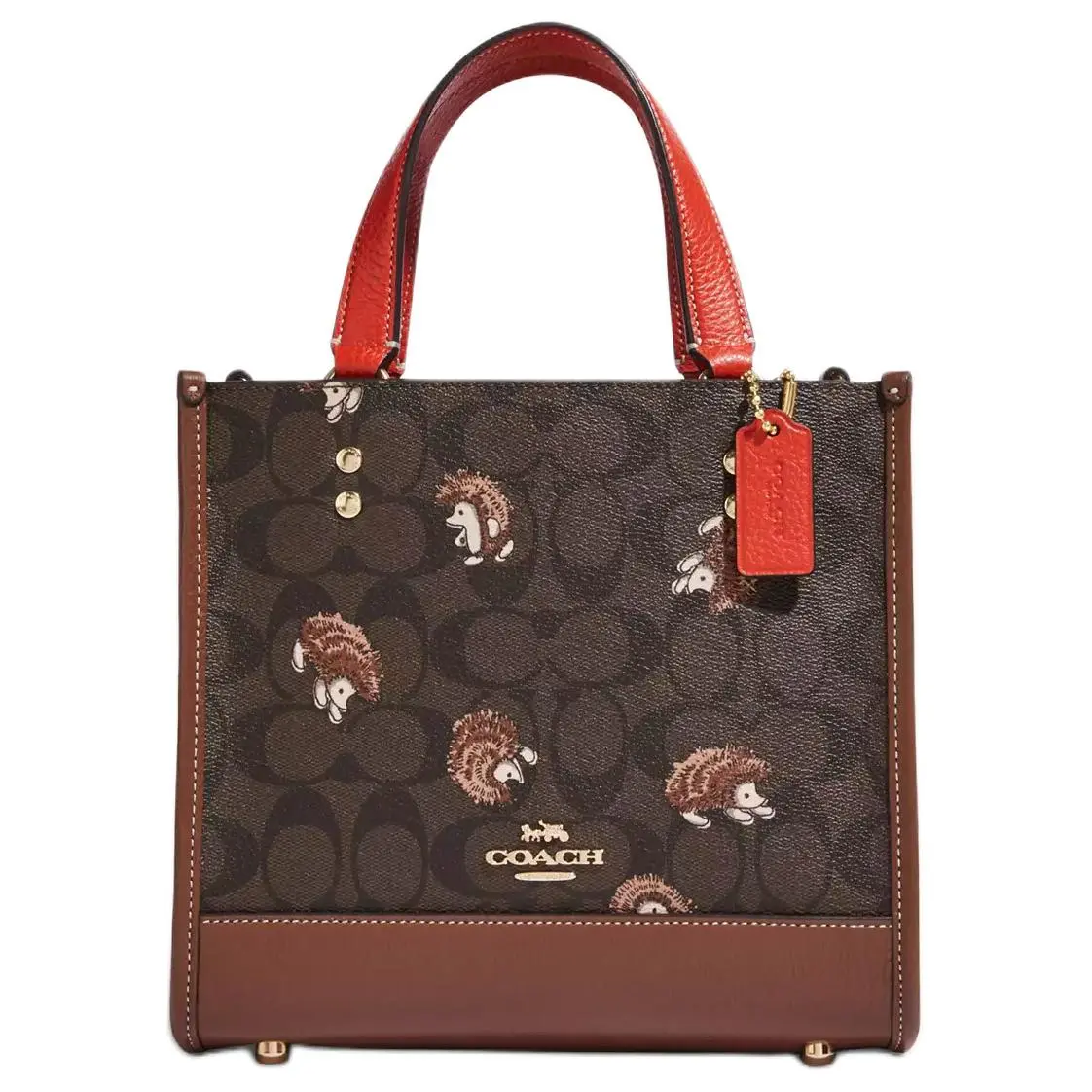 COACH Dempsey 22 Hedgehog-Emblem Large Vertical Leather Tote Bag for Women, Monogram Brown