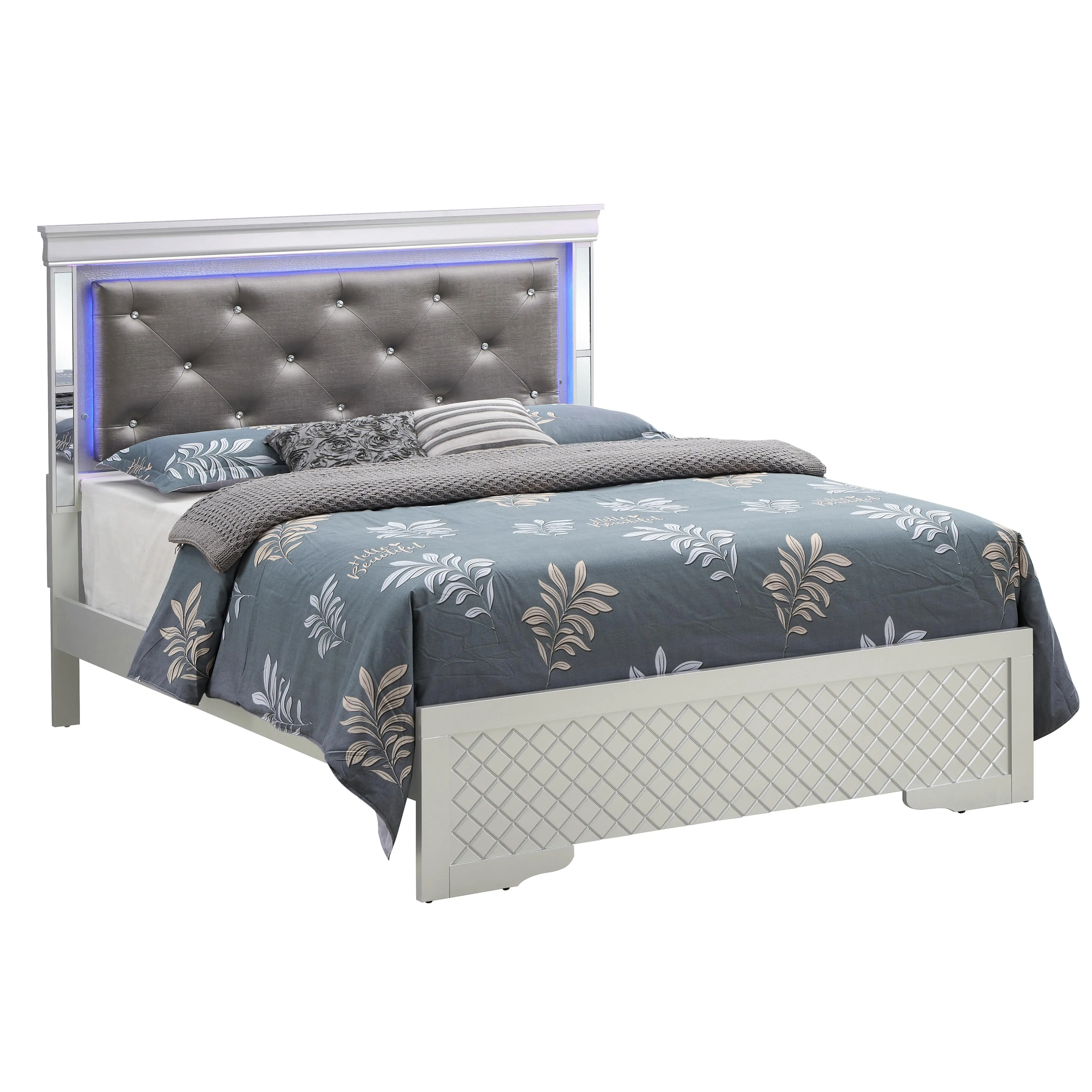 Nokaa Queen Bed Frame - Silver Champagne Finish LED Headboard, Jeweled Tufted Upholstered Platform Bed, Wood Veneer Construction, Requires Box Spring, Bedroom Indoor Furniture