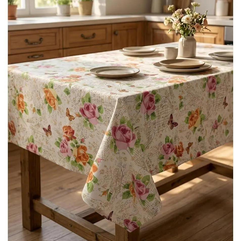 Floral Tablecloth 59 x 31 Inch,  Rose Butterfly  Rectangular Table Cover for Kitchen Dining Table, Washable Decorative Tablecloth for Everyday Use