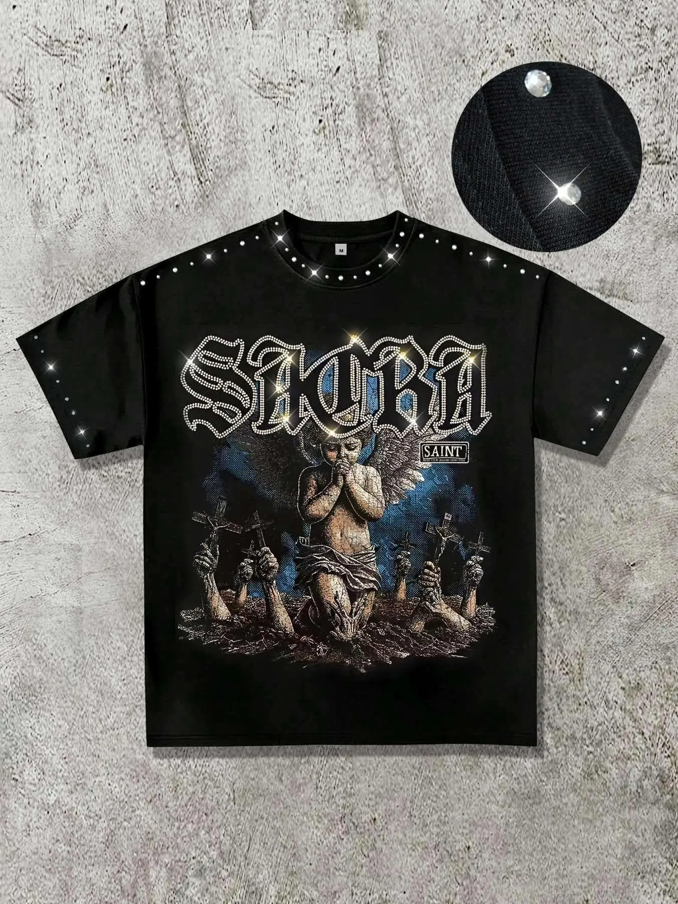 Angel Men's Cotton T-Shirt, Round Neck, Rhinestone Collar, Saint Blessed Slogan Print, Summer Short Sleeve, Vintage Street Fashion, Unisex Loose Fit, Streetwear