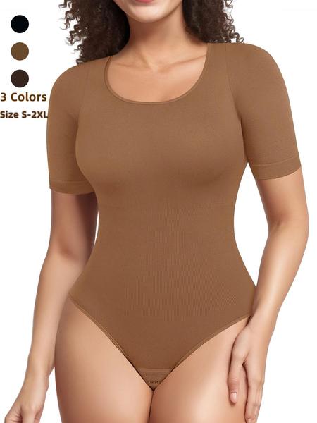 Women's Short Sleeve Seamless High Waisted Shapewear Bodysuit, Tummy Control Round Neck Slim Fit Top, Casual All Season Wearable Undergarment