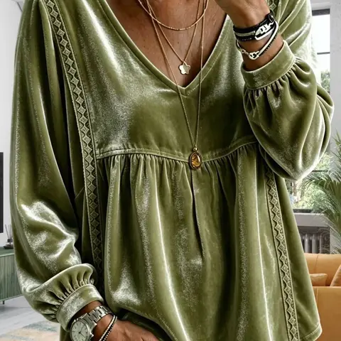 Women's V-Neck Velvet Top, Casual Loose-Fit Long-Sleeve T-Shirt for Fall, Available in Multiple Colors, Comfortable and Stylish