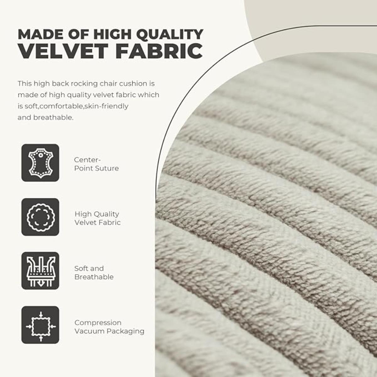 High Back Chair Cushion, Velvet Rocking Chair Cushion, 44x22x5 Inches Soft Seat Cushion for Indoor Furniture with Ties (Grey, Standard)