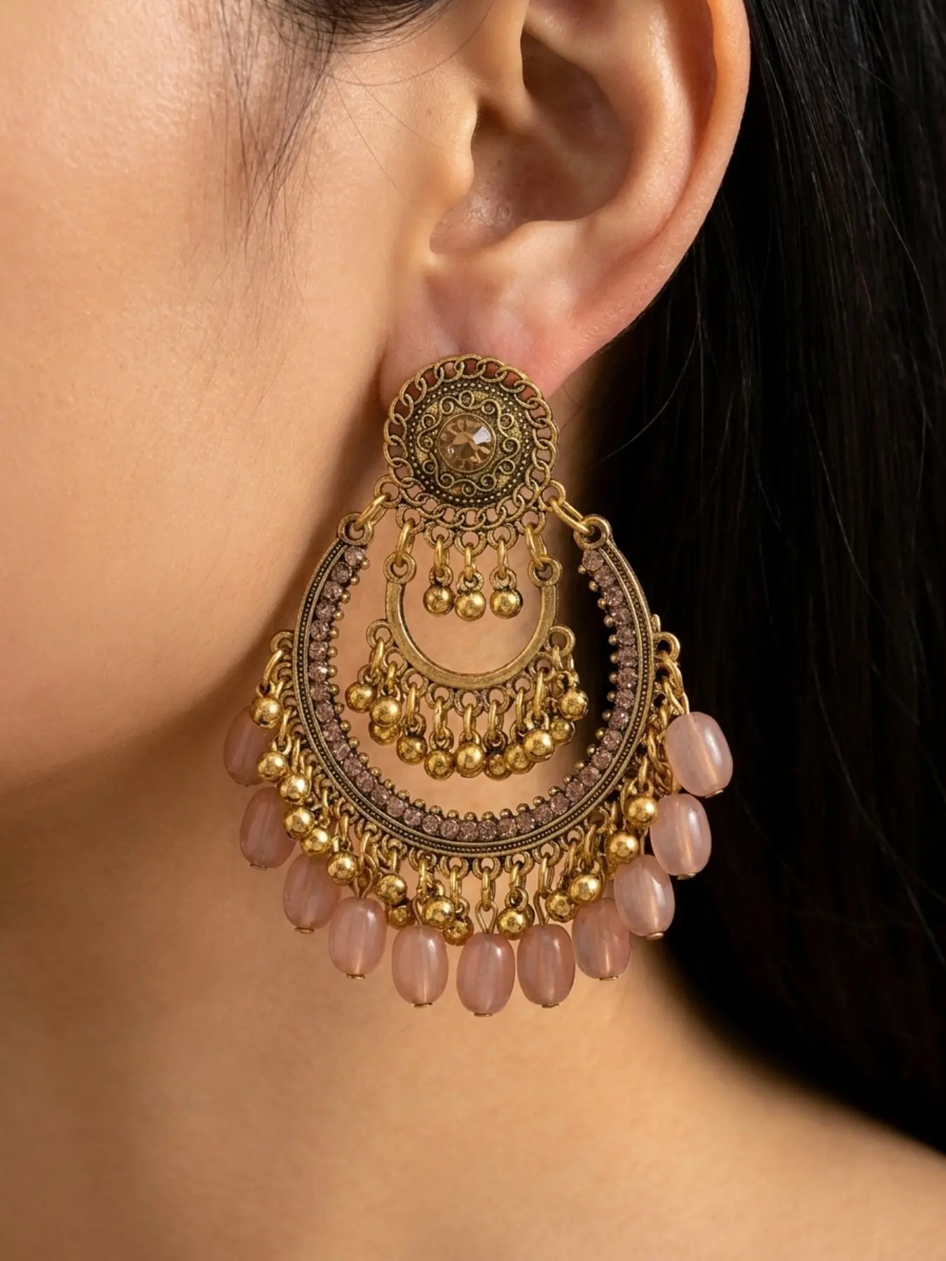 Vintage Teardrop Cat Eye Ethnic Earrings, Bohemian Hollow Out Floral Design, Multi-Layer Beaded Dangle Earrings for Women, Boho Earrings