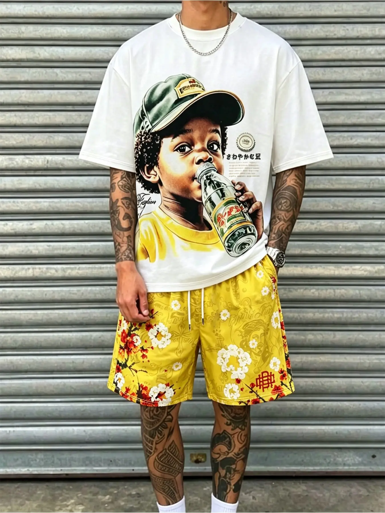 Men's Vintage Kid Graphic & Yellow Plum Floral Print 2 Piece Set | White Short Sleeve T-Shirt & Drawstring Elastic Waist Pants | Hip Hop Streetwear Summer Outfit for Men