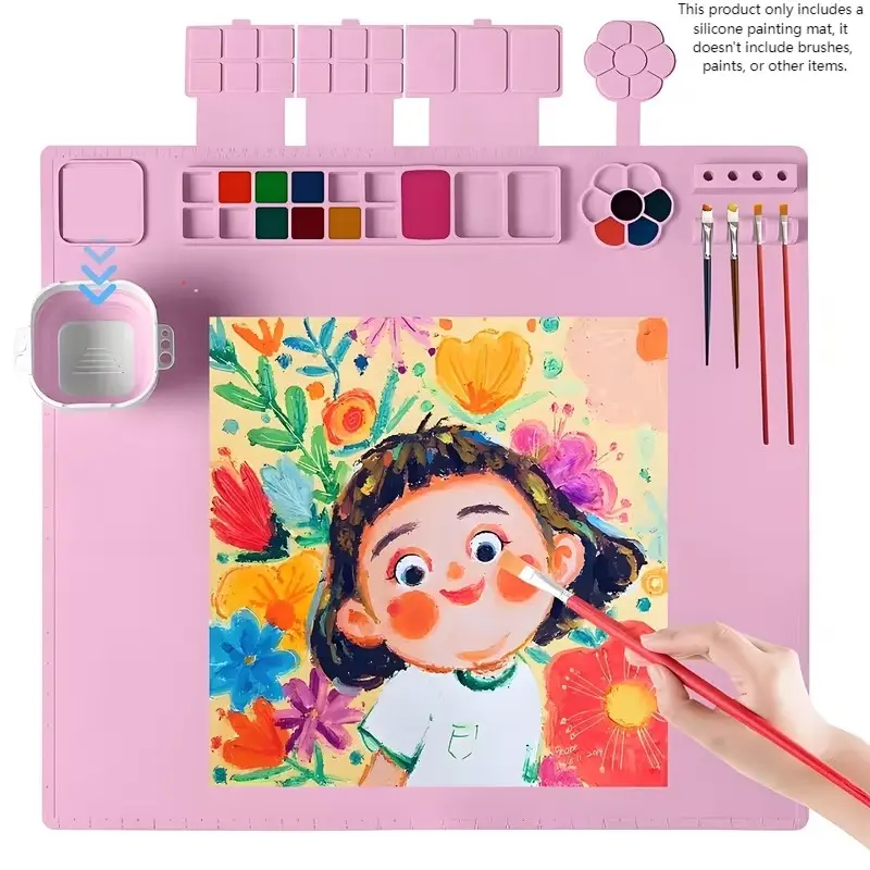 1pc Washable Silicone Art Mat 27.55×23.62 Inches, with Paint Brush Cup, Brush Holder, Palette & Paint Compartments, Painting Surface for Oil, Acrylic & Watercolor, Ideal Gift for Artists, Students & Painting Lovers