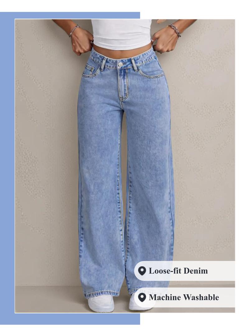 GILIPUR Y2K Women Front Button Pocket Straight-Leg Casual Denim Jeans For Daily Wear Ladies Pockets Bottoms For All Seasons Baggy Pants Streetwear Low-Rise Non-Stretch Jeans Stacked Jean All-Season Comfortable Fit