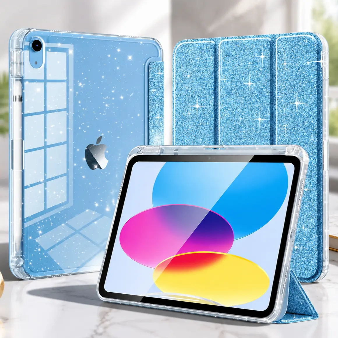 Glitter TPU Case for iPad 11th Gen (A16) 11" 2025 & iPad 10th Gen 10.9" 2022, Clear Sparkle Back Cover with Pencil Holder, Auto Sleep/Wake (Pink)