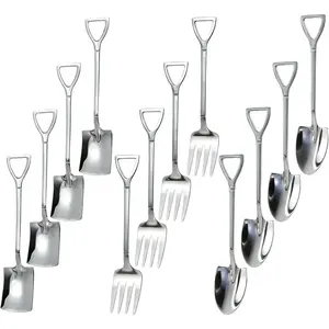 12PCS Dessert Spoons and Forks Set, Stainless Steel Shovel Shape Ice Cream Spoons, Mini Unique Silverware for Home Cocktail Appetizer Party Coffee Yogurt Cake Fruit (Silver)