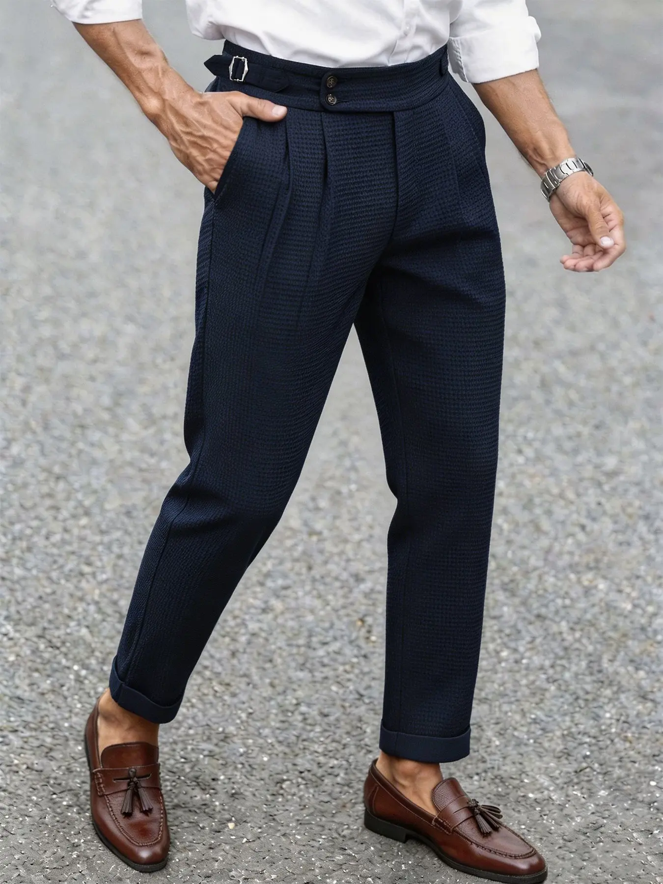 Men's Fall New Pleated Pants, British Vintage Business Casual Cone Fit, Adjustable Waist, Dual Button Front, Breathable Fabric, Office Wear