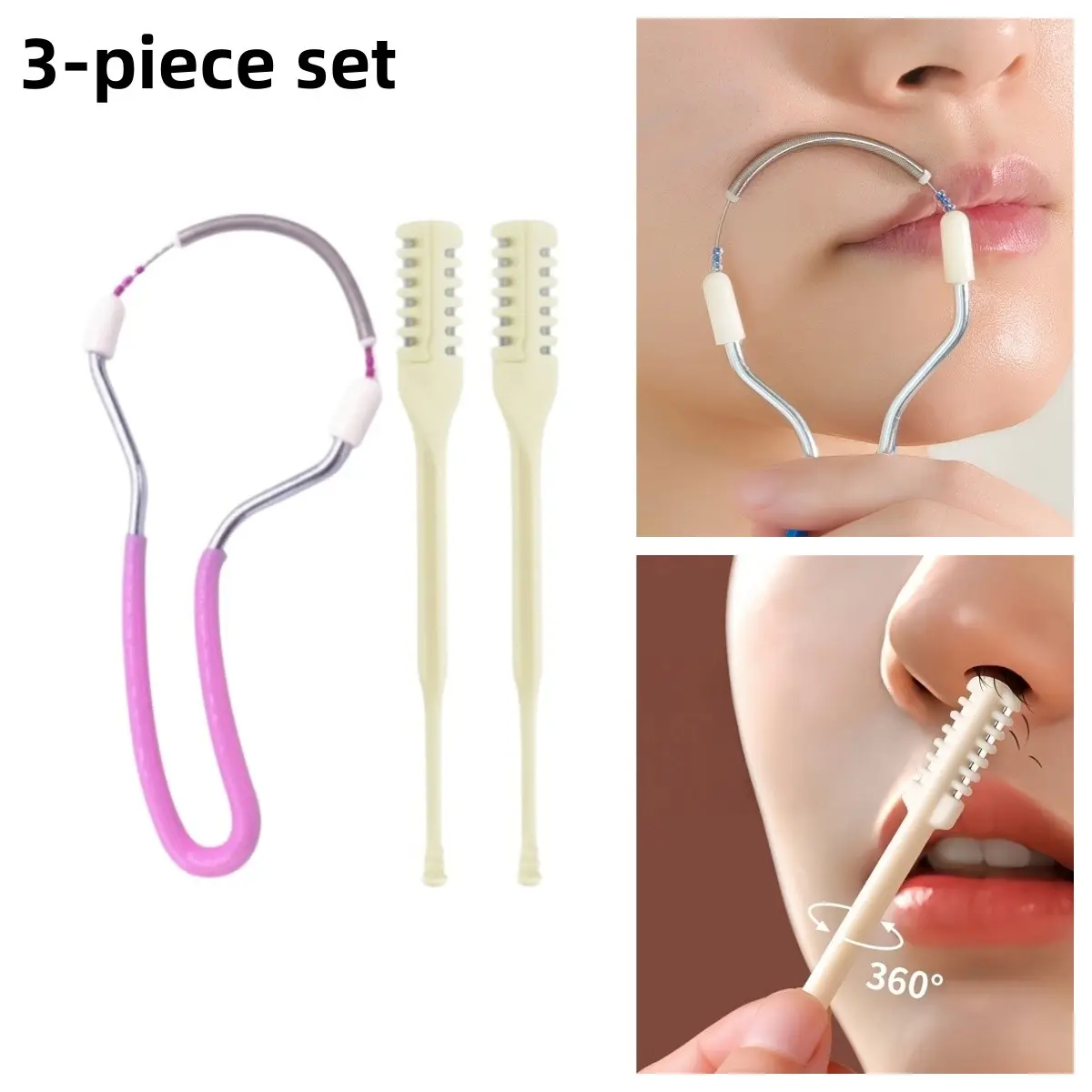 3Pcs Facial Grooming Care Tool Set, Spring Threading Epilator, Nose Hair Cleaner & Spiral Ear Pick, Home Facial Beauty Tool