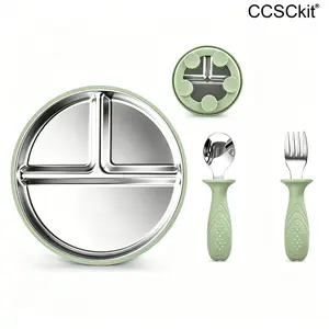 Stainless Steel Divided Plates with Silicone Sleeve for Babies & Toddlers |  Stay Put Suction | Dinner & Snack Plates ,Comes with a fork and a spoon.