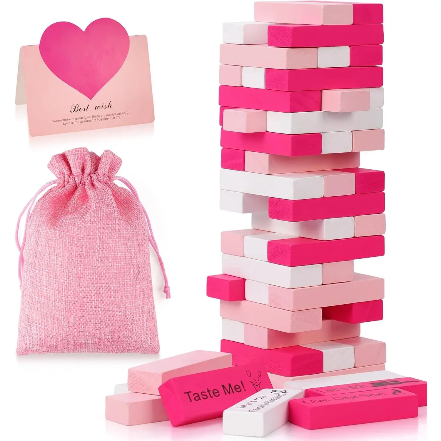 54-Piece Wooden Blocks Tower Stack Game - 6-Piece DIY Stacking Block Game, Couples Challenge for Romantic Date Night, Valentine's Day Gift for Her, Blocks Tower Game