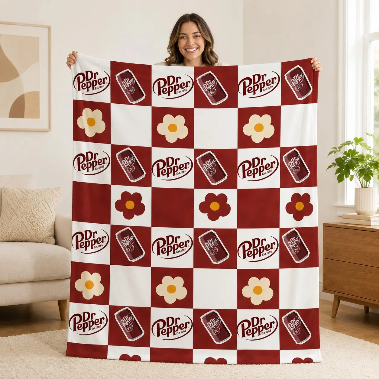 Dr Pepper Flannel Throw Blanket, Retro Checkerboard Floral Print, Ultra Soft Lightweight for Couch, Bed, Living Room, Travel, Gift