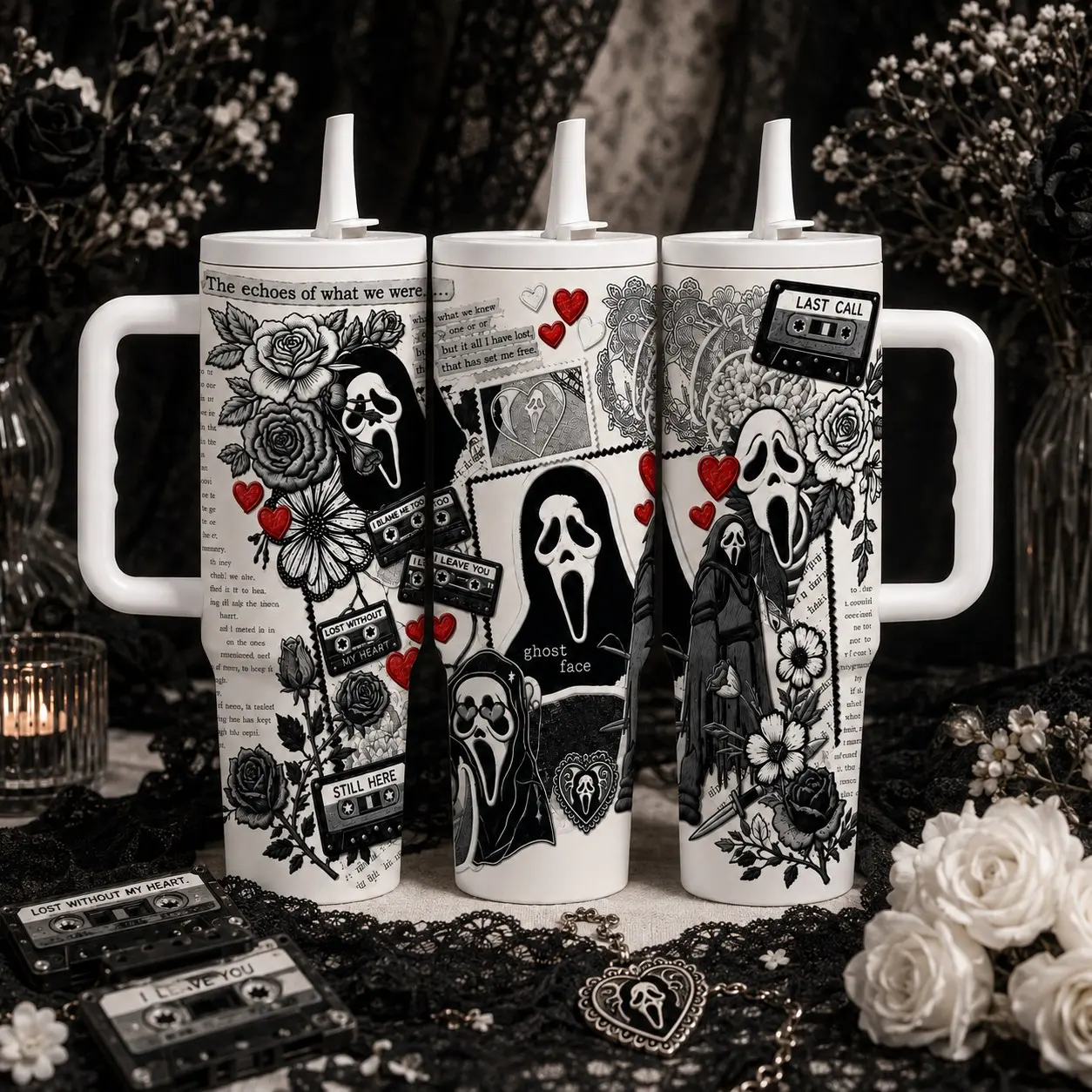Scream Ghostface 40oz Tumbler, Horror Collage Cup, Gothic Travel Mug with Handle Lid Straw, Perfect Gift