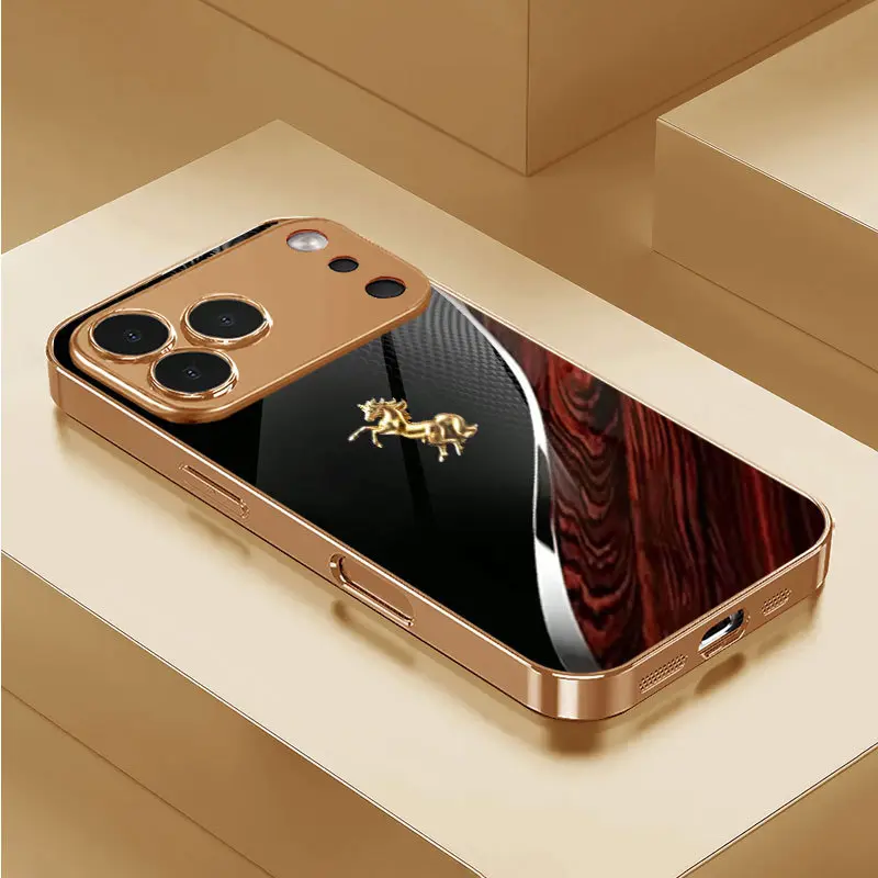 A gold-plated tempered glass phone case, Protective phone cover, with a wooden jumping horse logo is suitable for iPhone X/11/12/13/14/15/air/pro/promax/plus, providing drop protection and suitable as a birthday gift for couples or family and friends