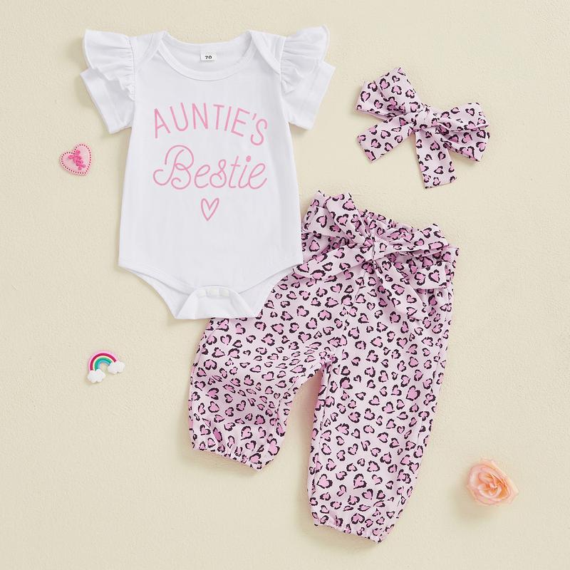 Aunties Bestie Baby Clothes Girl Newborn Short Sleeve Romper Leopard Pants Set Headband 3Pcs Infant Summer Outfits
