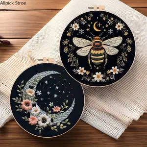 Golden Butterfly & Silver Moon Embroidery Kit – DIY English Stitch Craft Set with Pre-Printed Fabric, Floss & Hoop for Beginners