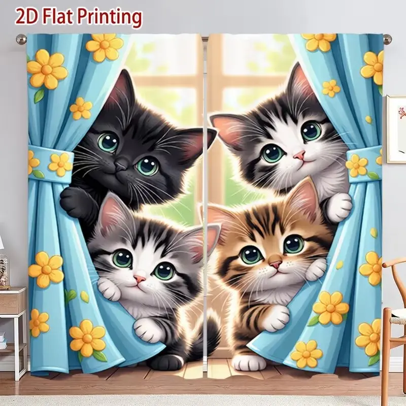 2pcs Polyester Animal Theme Curtains, Cute Cat Pattern Rod Pocket Drapes, Bedroom & Living Room Decor, 2D Design, No Ca Prop 65