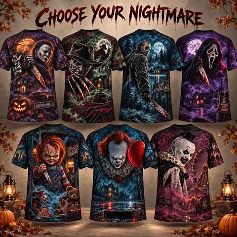 Men's 100% Cotton Outdoor Sports Top - Soft Fabric Garment, All-Over Print, Casual Wear, Regular Cut, Summer Short-Sleeve, Front & Back Graphic, Retro Halloween Spooky Season Horror Design
