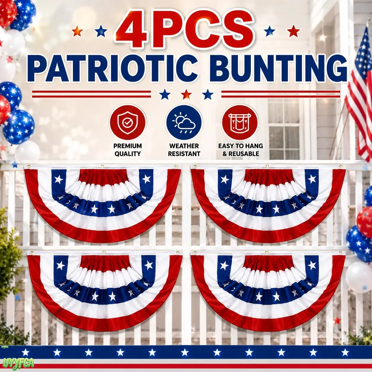 4pcs Patriotic Pleated Fan Flags - Red White Blue Stars and Stripes, Durable Fade-Resistant Easy-to-Hang Metal Patriotic Bunting, Reusable Dad Gift for Independence Day Memorial Day, DIY Luggage & Bag Accessory