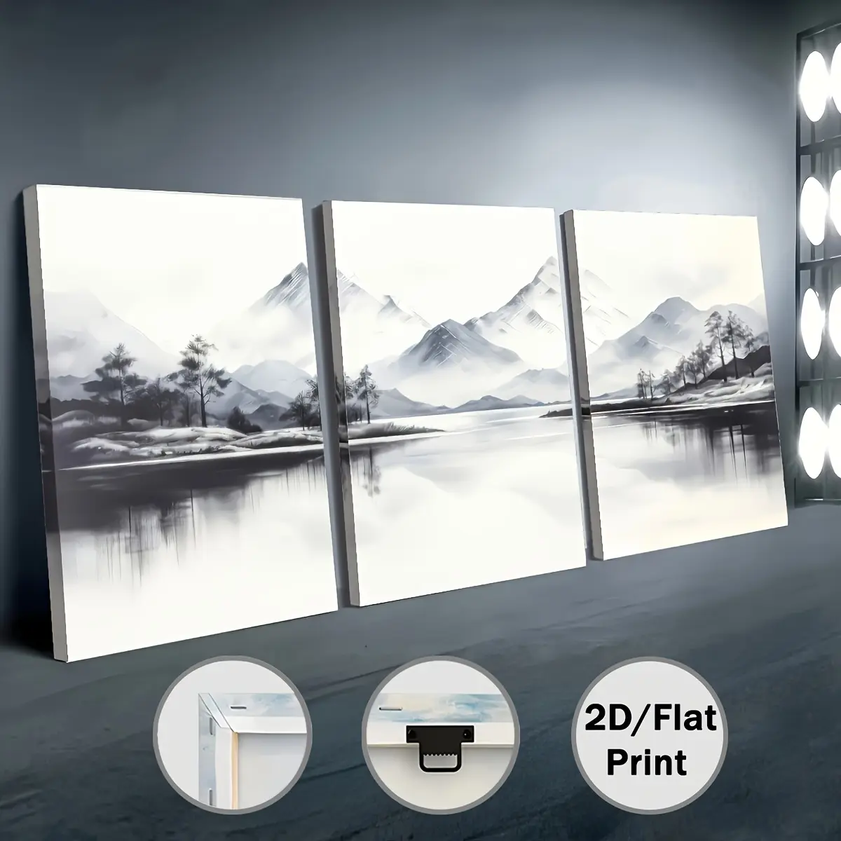 3-Piece Wood Framed Black and White Mountain Lake Scenery Canvas Wall Art - Decorative Hanging Ready-to-Hang Multi-Size Prints Set for Home, Living Room Aesthetic Decor, Three Prints Set