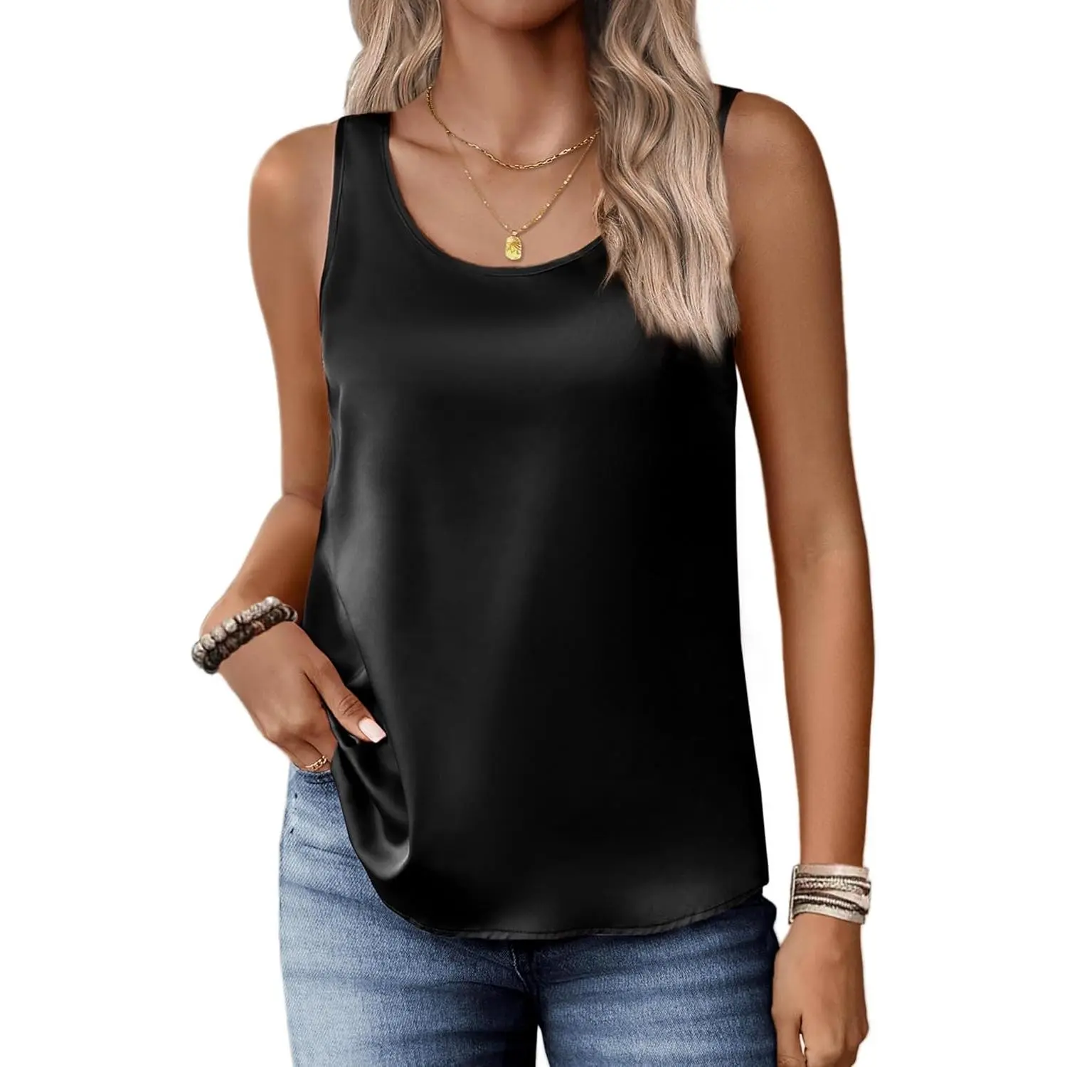 Women's Silk Satin Scoop Neck Sleeveless Casual Cami Tops - 2026 Summer Basic Blouses, Casual Cami Top