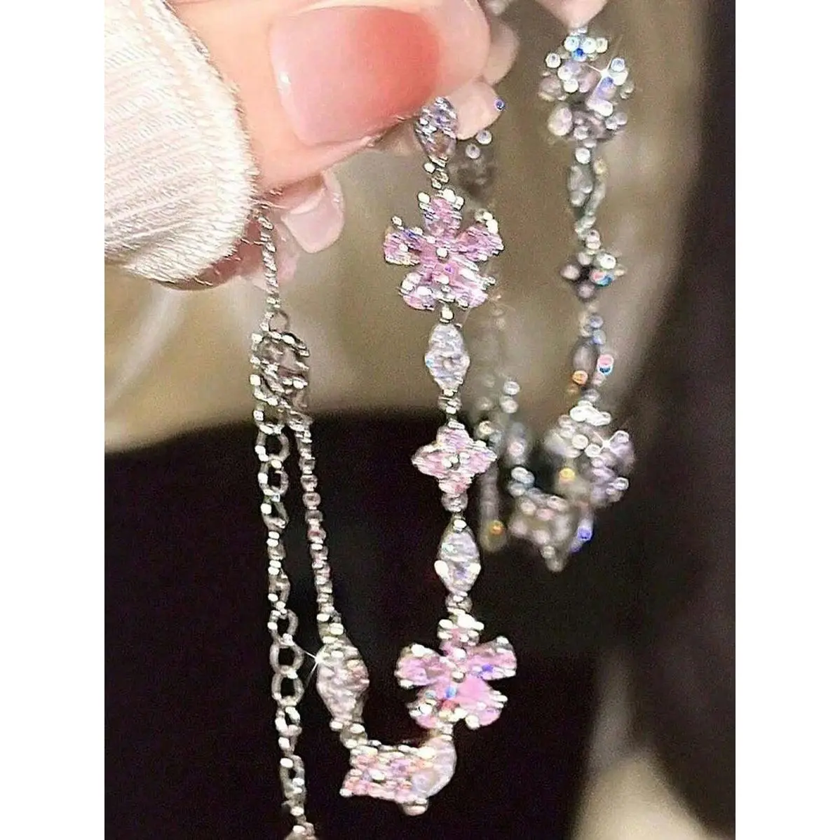 Women's Sweet Cherry Blossom Necklace - Pink Rhinestone Floral Pendant With Adjustable Chain, Coquette Aesthetic Sparkling Crystal Y2K Jewelry For Daily Wear & Party